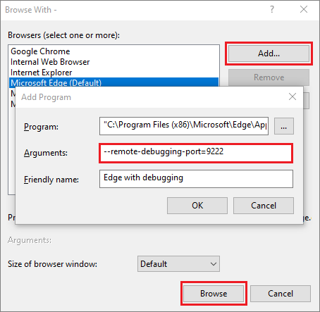 Снимок экрана задания параметров браузера для открытия с включенной отладкой.