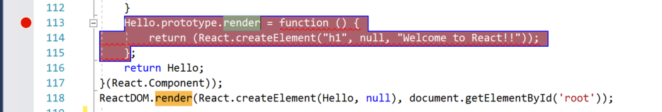 Снимок экрана окна кода Visual Studio. Выбран оператор return, и красная точка в поле слева показывает заданную точку останова.