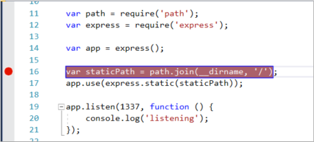 Снимок экрана окна кода Visual Studio с кодом JavaScript. Красная точка в поле слева показывает заданную точку останова.