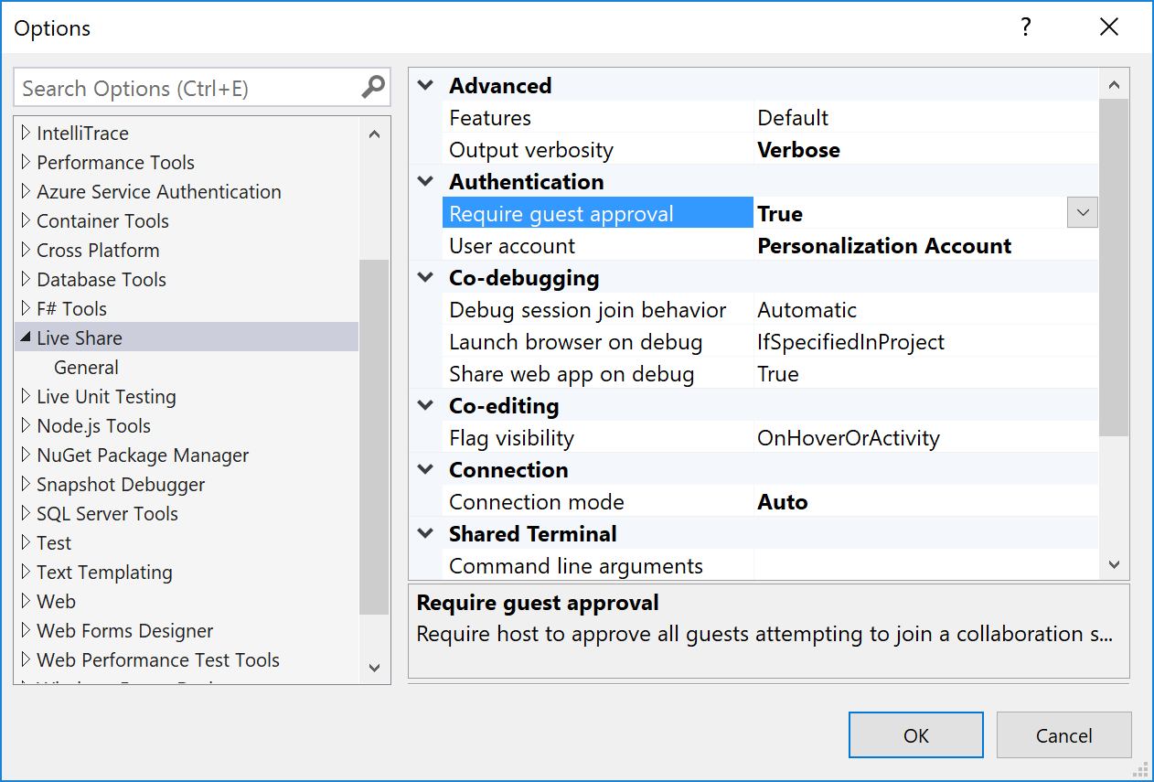 Visual Studio settings window with guest approval setting highlighted