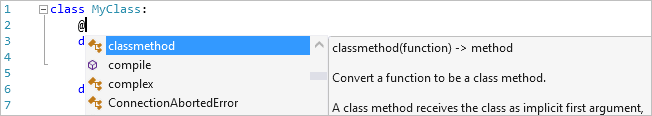 Снимок экрана: завершение декоратора в редакторе Visual Studio.
