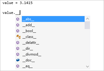 Снимок экрана: типы завершения частных элементов dunder в редакторе Visual Studio.