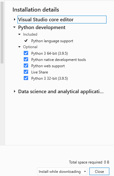 Параметры разработки Python в установщике Visual Studio 2022