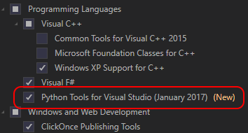 Выбор PTVS в установщике Visual Studio 2015