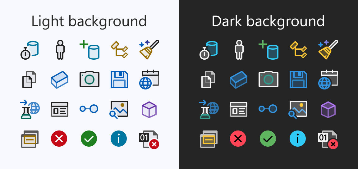 Примеры новых значков с темным и светлым фоном