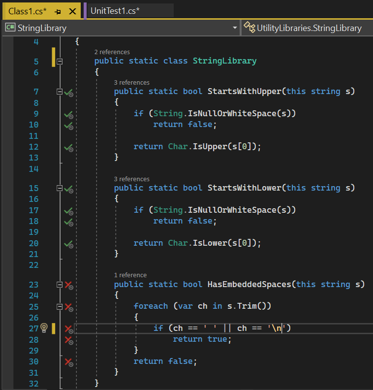 Снимок экрана: покрытие кода в Visual Studio с значком таймера.