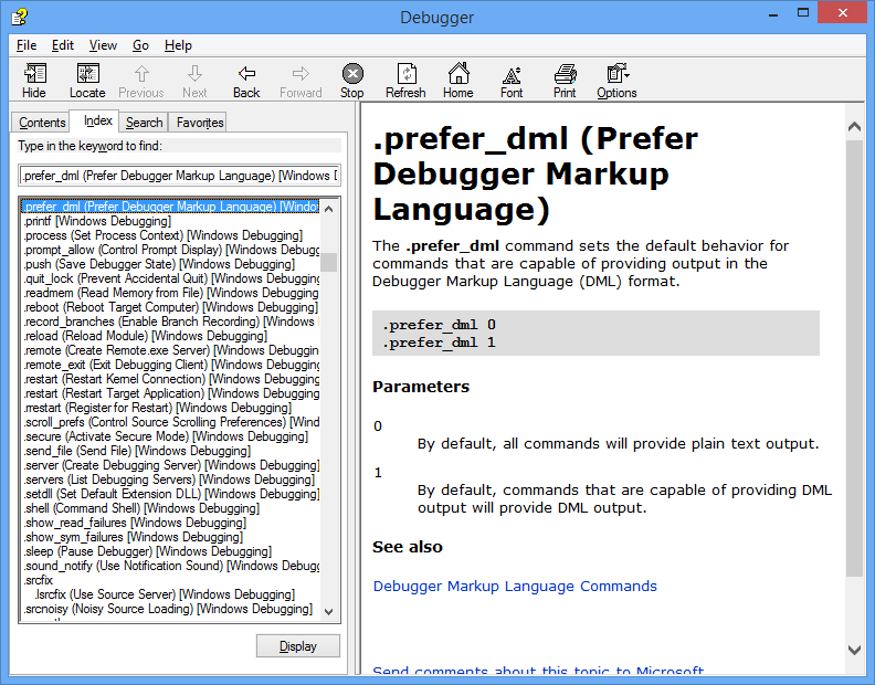 debugger help application showing help for the .prefer-dml command.