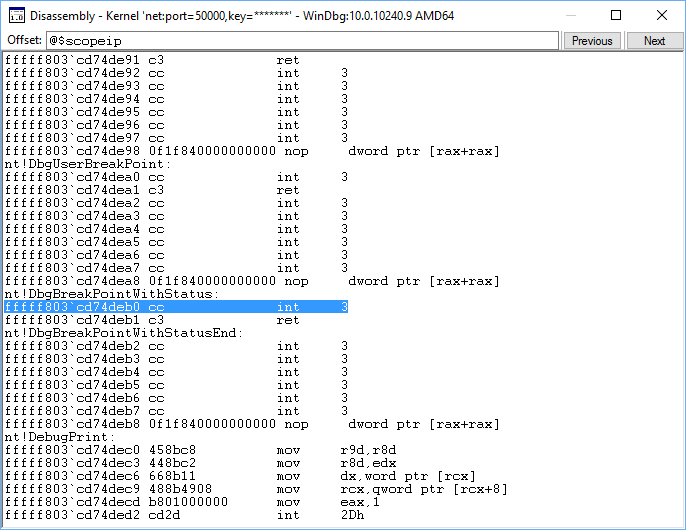 Снимок экрана: окно дизассемблирования WinDbg с кодом языка сборки.