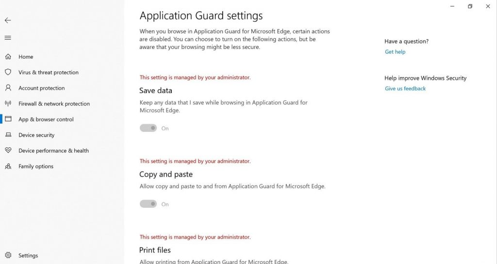 Проверьте параметры Application Guard.