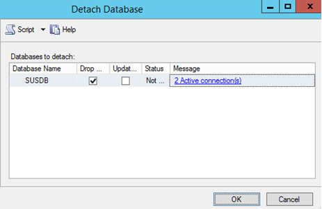 Screenshot of the Detach Database dialog box with the Drop Existing Connections option selected and the OK option highlighted.