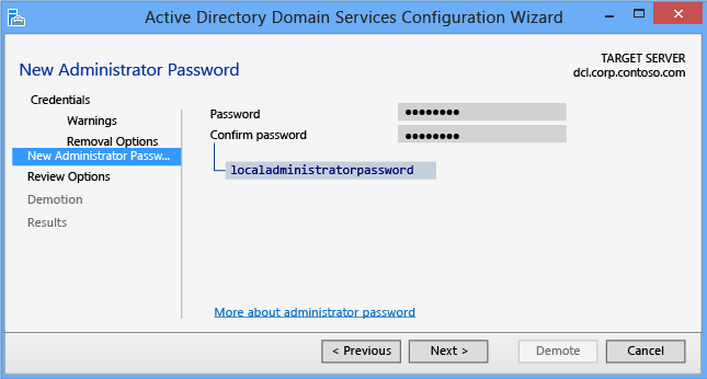 Active Directory Domain Services Configuration Wizard - Credentials New Administrator Password