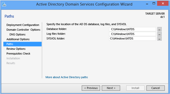 Screenshot that shows the Paths page in the Active Directory Domain Services Configuration Wizard.
