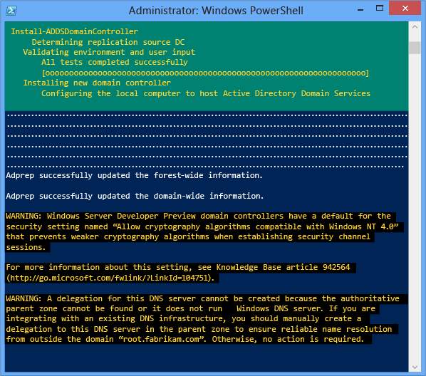 Screenshot of a terminal window that shows the successful completion of the domain controller reboot process.