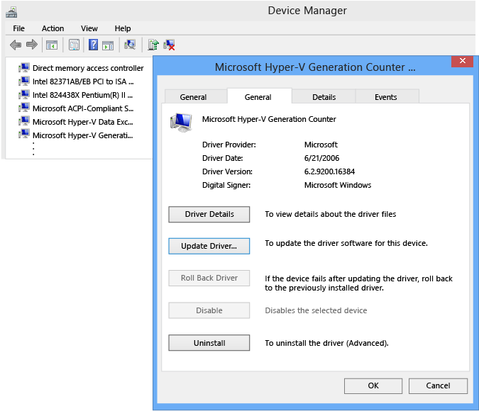 Screenshot that shows the details for the Microsoft Hyper-V Generation Counter.