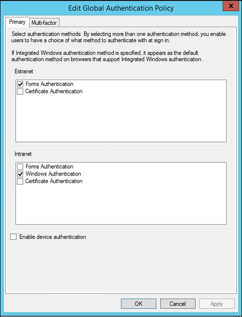 Screenshot that shows how to configure settings as part of the global authentication policy.