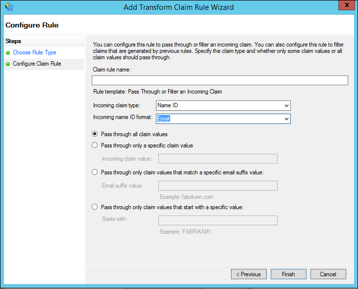 Screenshot that shows where to select the options on the Configure Claim Rule screen when you create a rule to issue an AD FS 1.x Name ID claim on Windows Server 2012 R2.