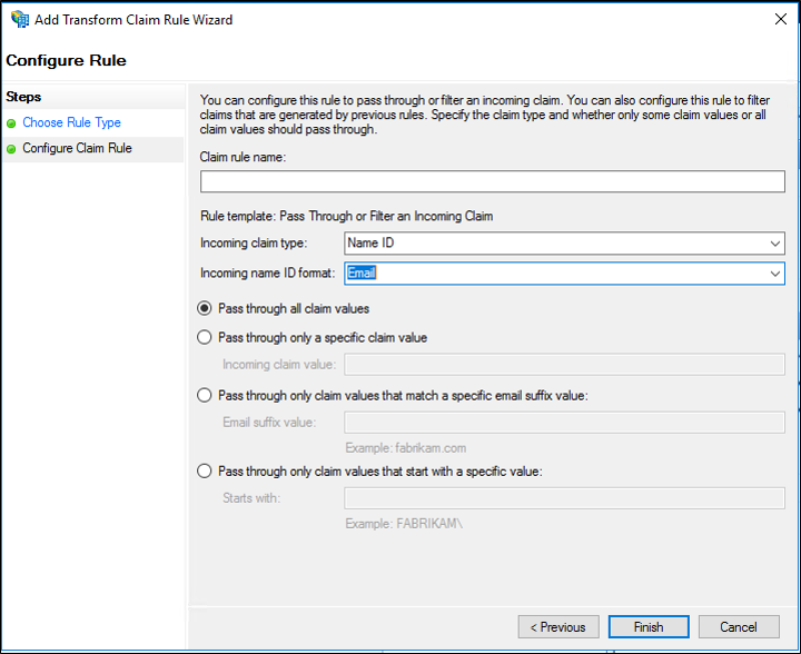 Screenshot that shows where to select the options on the Configure Claim Rule screen.