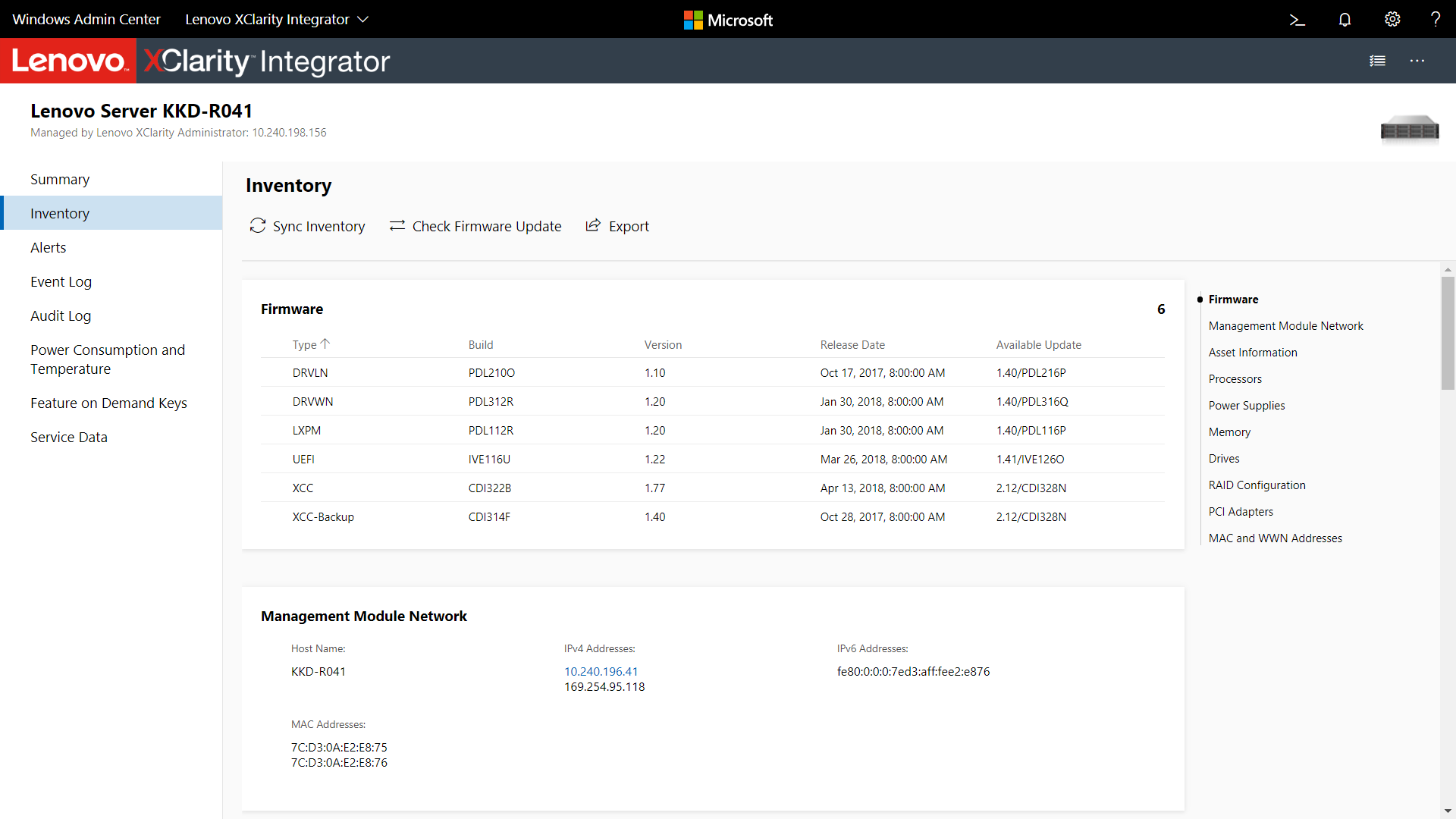 Screenshot of the Lenovo XClarity Integrator extension in Windows Admin Center showing the Inventory page.