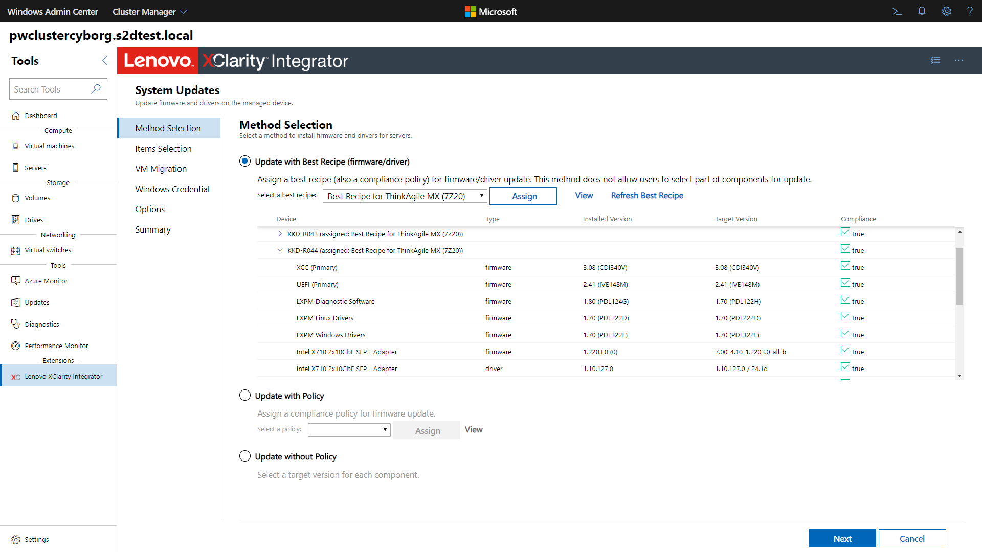 Screenshot of the Lenovo XClarity Integrator extension tool showing the System Updates Method Selection page.