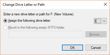 The Change Drive Letter or Path dialog showing changing the drive letter