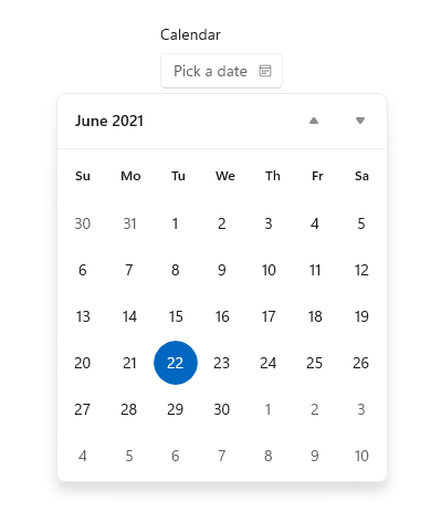 Снимок экрана: средство выбора даты в календаре с пустым текстовым полем выбора даты, заполняемое календарем.