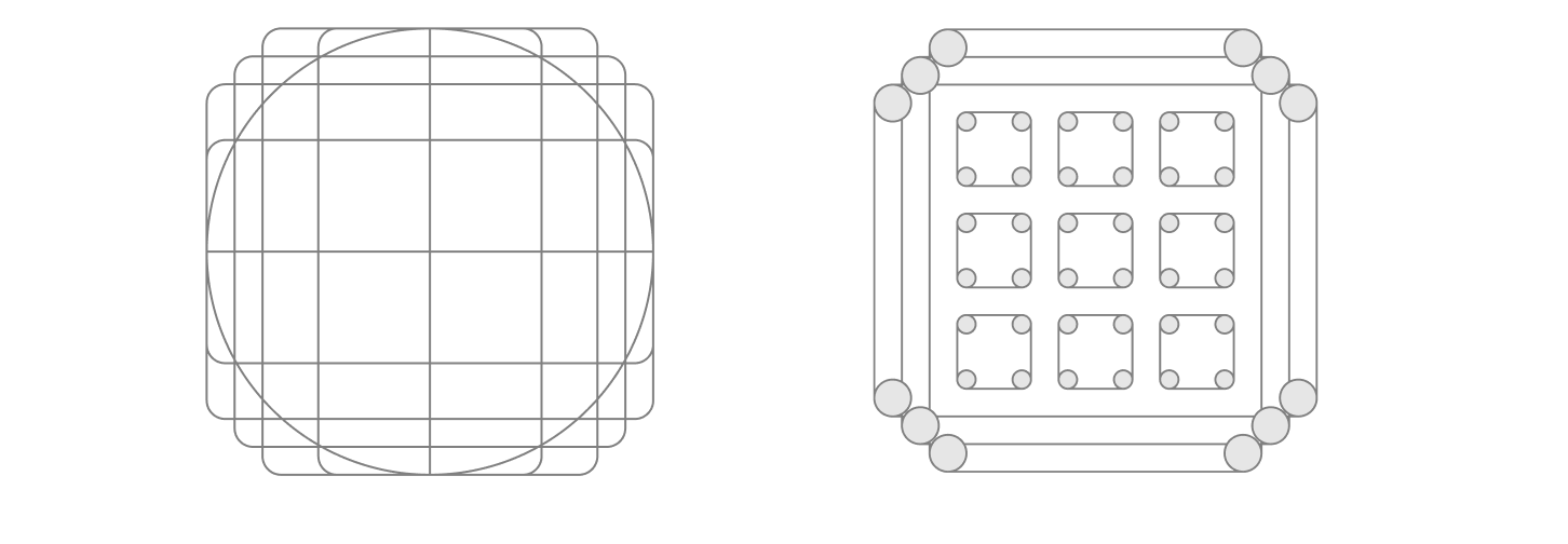 Схема, показывающая шаблон сетки, используемый для проектирования и выравнивания значков.