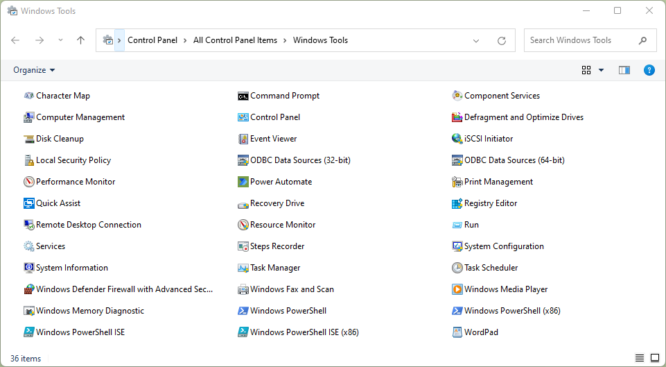 Снимок экрана: содержимое папки &quot;Средства Windows&quot; в Windows 11.
