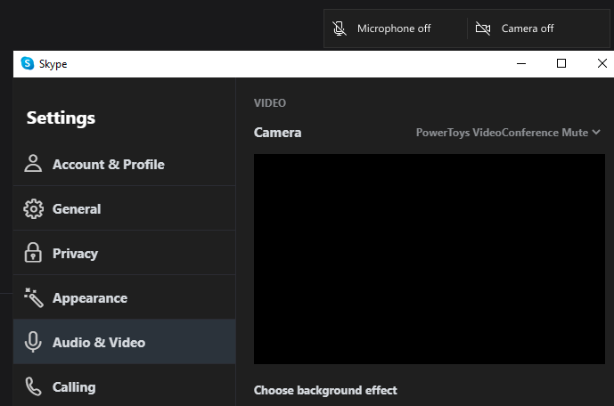 Video Conference Mute выбран в качестве источника в Skype