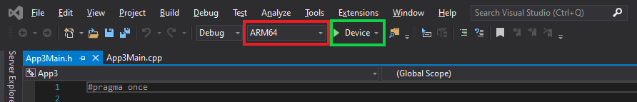 Снимок экрана: решение Visual Studio с выделенными параметрами платформы и устройства