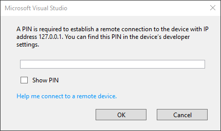 Снимок экрана: всплывающее окно Visual Studio с запросом ПИН-кода