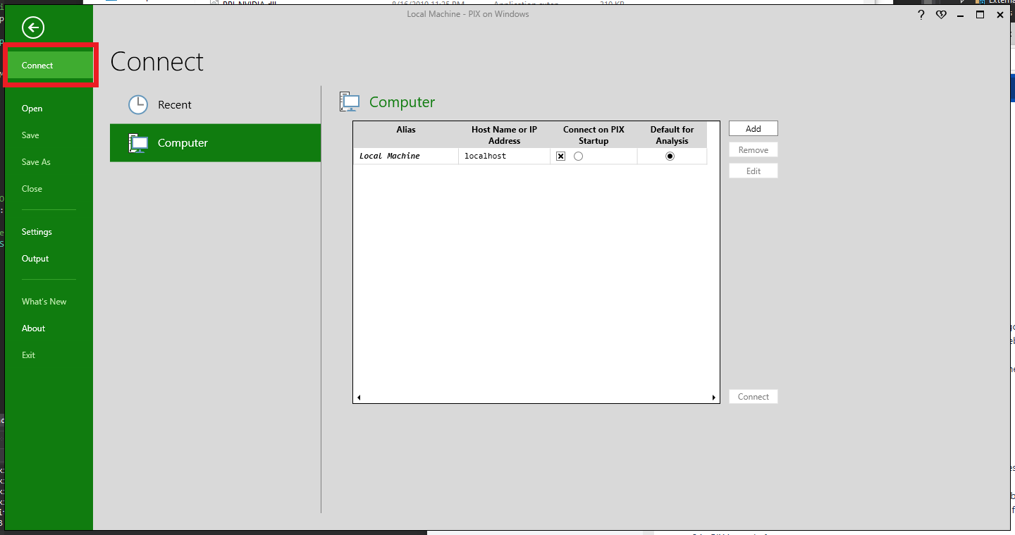 Снимок экрана: левое меню приложения PIX с выделенной кнопкой подключения
