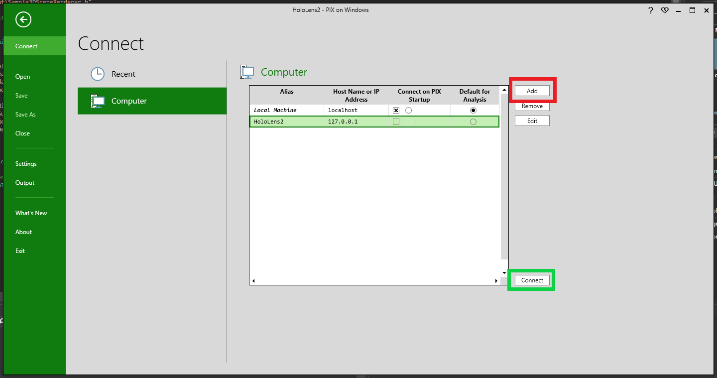 Снимок экрана: окно подключения приложения PIX с выделенным псевдонимом, именем узла, IP-адресом и кнопкой 