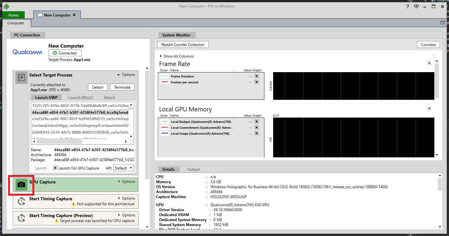 Снимок экрана: приложение PIX с открытой панелью подключения к КОМПЬЮТЕРу с выделенной записью GPU