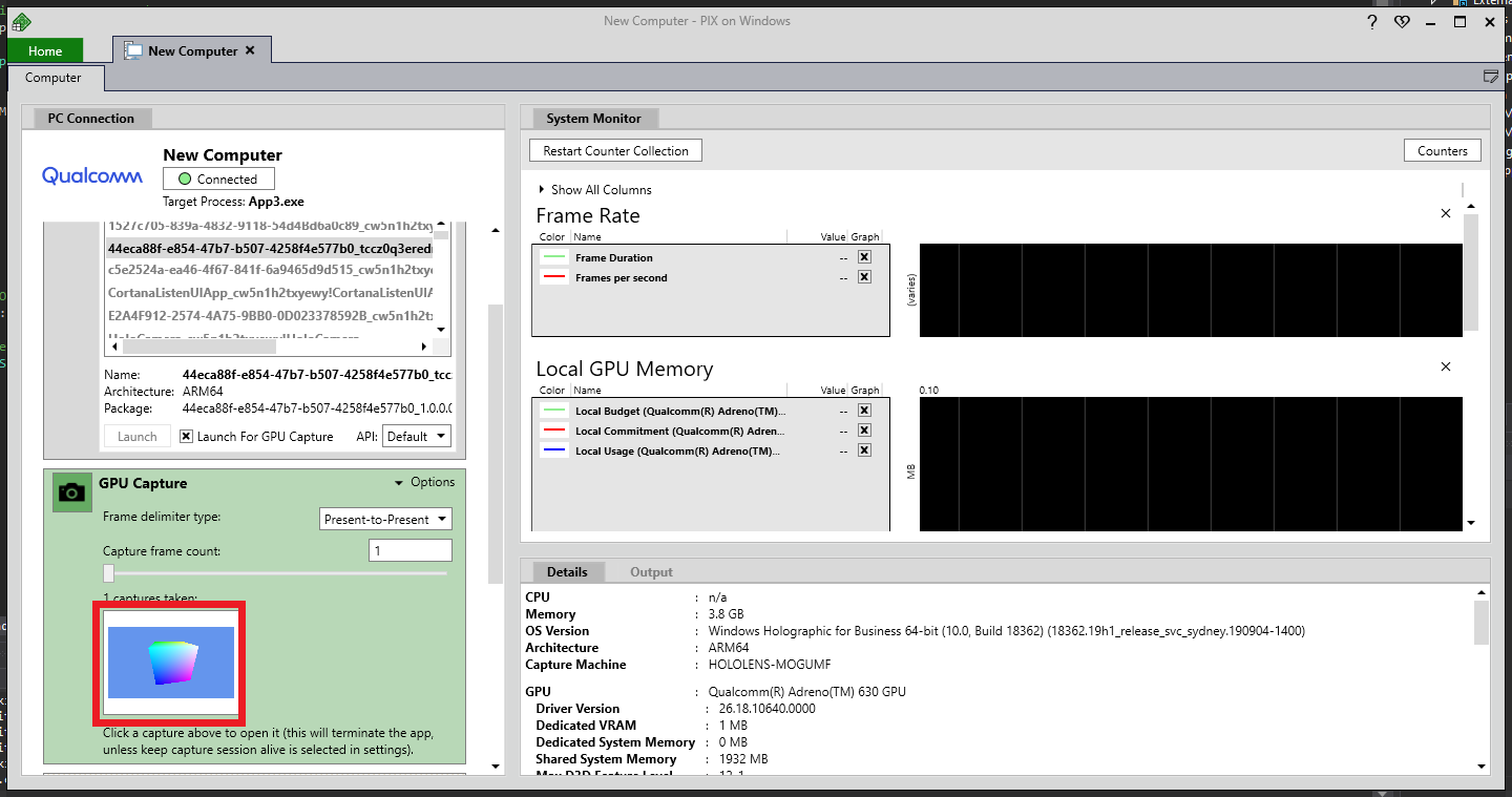 Снимок экрана: приложение PIX с открытым разделом записи GPU с выделенной панелью захвата GPU
