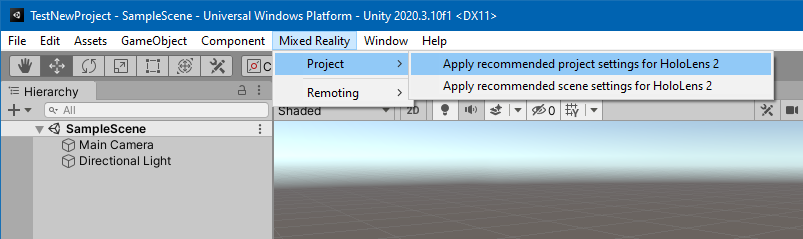 Screenshot of the mixed reality menu item open with OpenXR selected