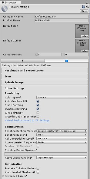 player settings in inspector