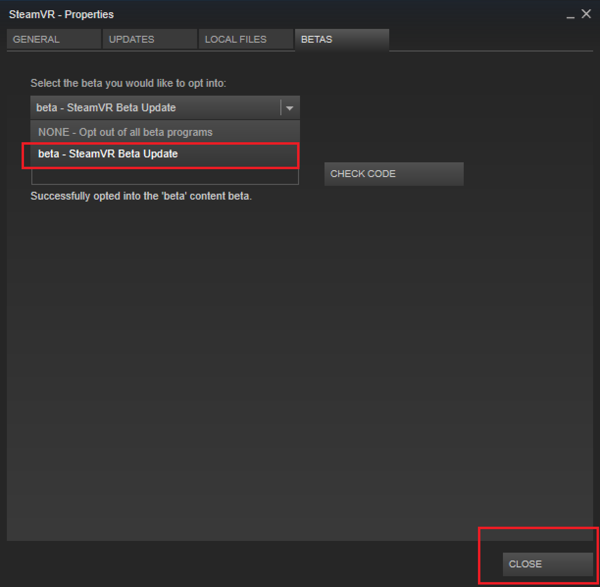 Переключение на бета-версию SteamVR в диалоговом окне свойств для SteamVR