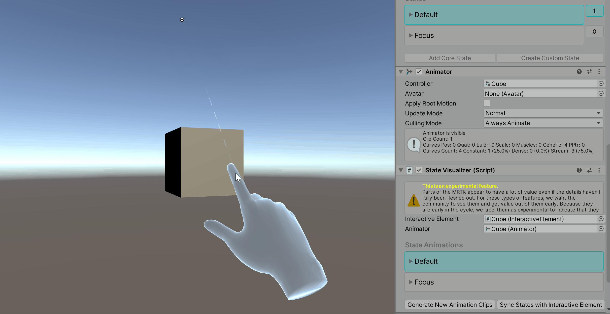 Transitional color change example with virtual hand interaction