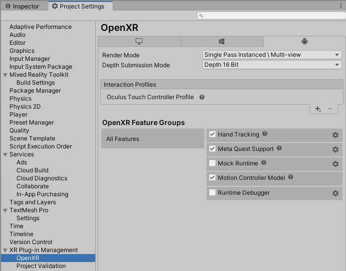Управление подключаемыми модулями OpenXR Для Android