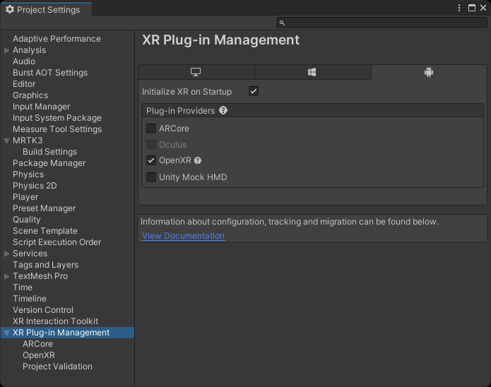 Oculus XR Plug-in Management window
