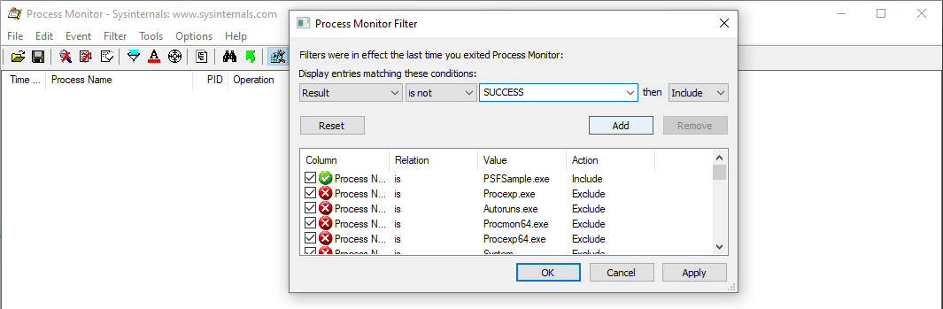 пример фильтра монитора процессов Windows с результатом