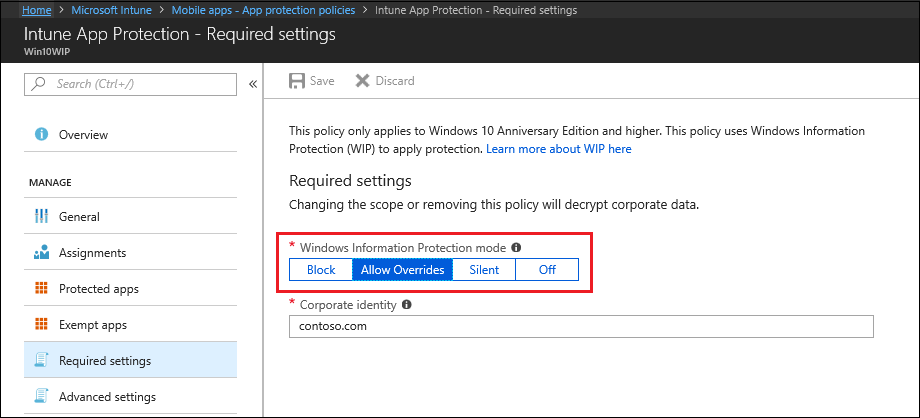 Microsoft Intune в разделе Обязательные параметры отображается режим Information Protection Windows.