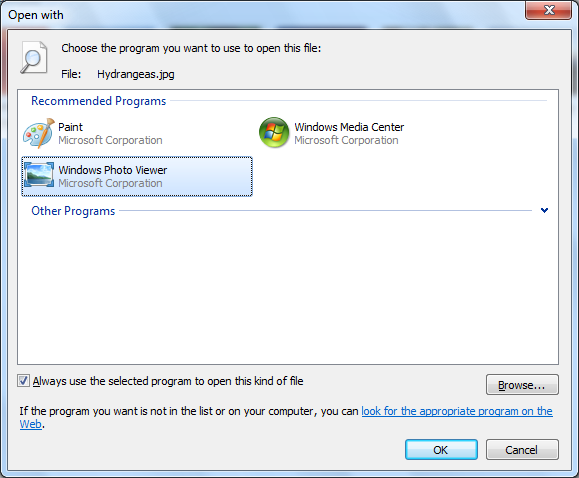 screen shot of the open with dialog box with recommended programs