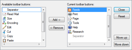 Снимок экрана: построитель списков кнопок панели инструментов 