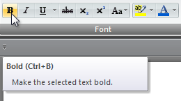 Снимок экрана: подсказка для сочетания клавиш полужирного шрифта 