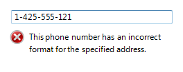 Снимок экрана: неправильный формат номера телефона сообщения