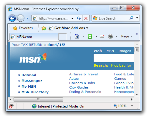 Снимок экрана: строка состояния окна Internet Explorer 