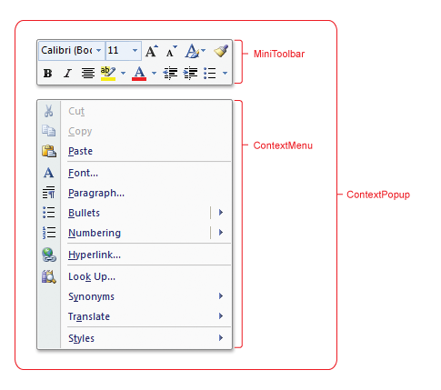 Снимок экрана с выносками, показывающими компоненты контекстного пользовательского интерфейса ленты.