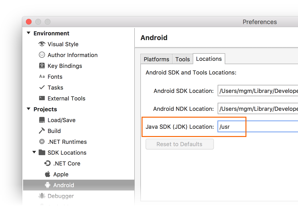 Setting the JDK location in the Android Locations tab
