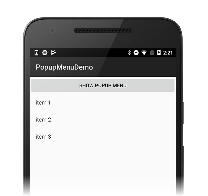 Example of an app with a button and three-item pop-up menu